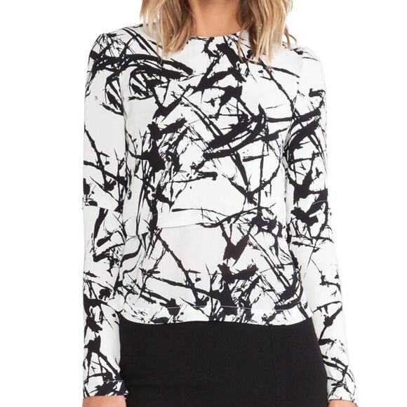 A.L.C. 2 Womens Black White Presley Top 100% Silk Splatter Graphic - Picture 1 of 8